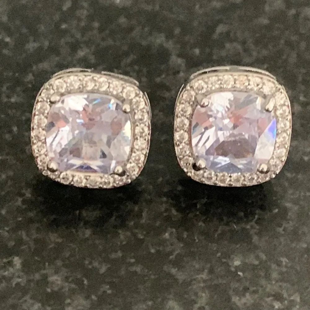 Big Square CZ Crystal Stud Earrings with Pavé Halo in Silver Tone Setting